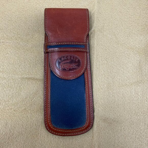 Lacoste Leather Canvas Blue Brown Pen Case Pouch Preppy Chic Academia - Picture 1 of 6